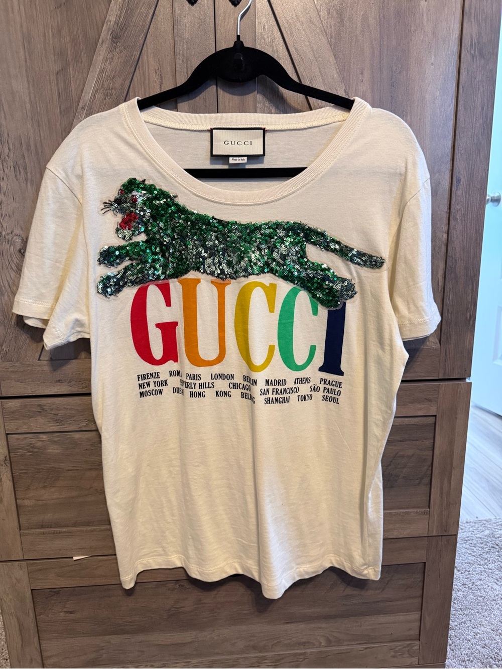 Gucci Logo Tee with Green Sequin Panther